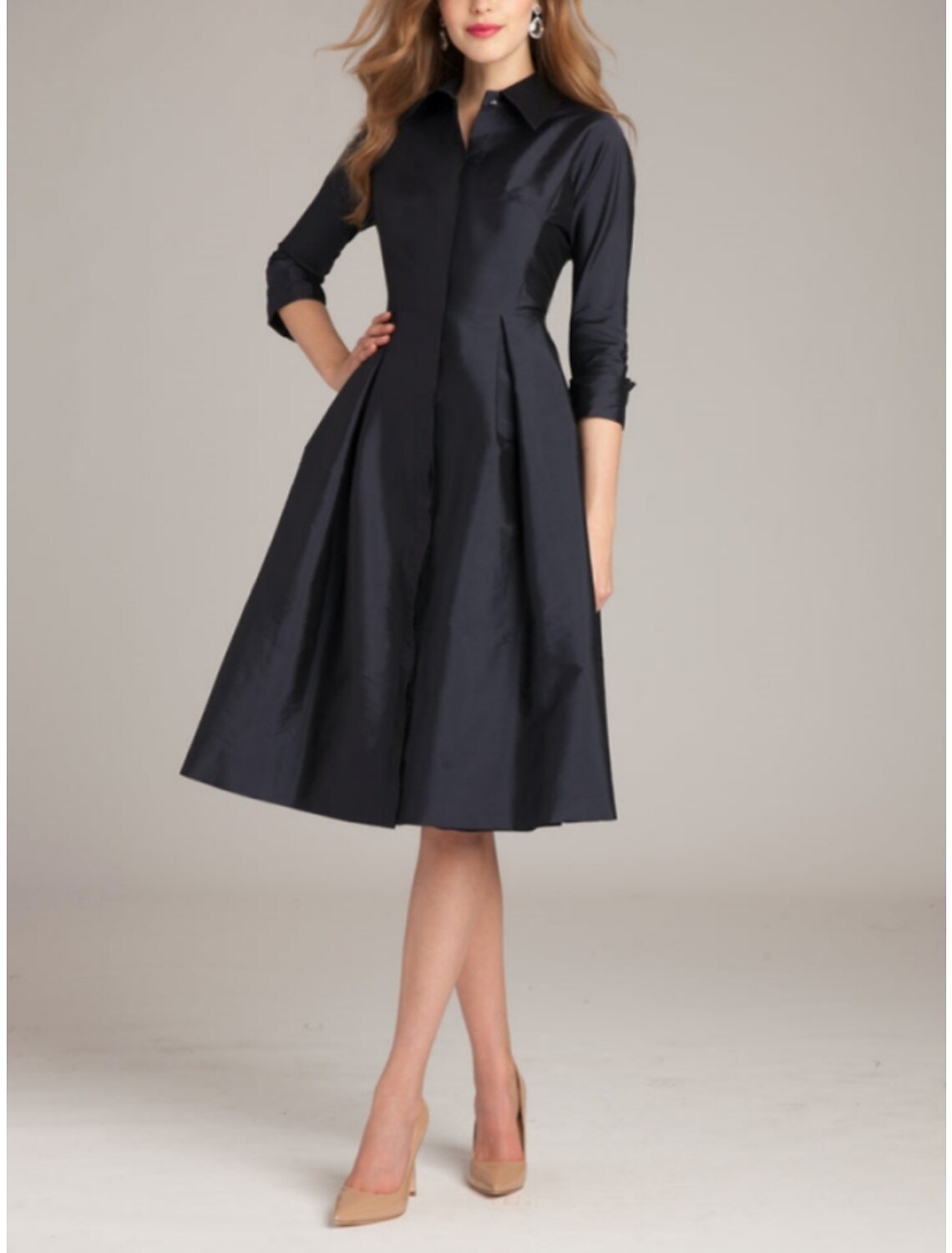 Wholesa A-Line Cocktail Dresses Minimalist Dress Formal Fall Knee Length 3/4 Length Sleeve Shirt Collar Satin with Bow(s) Slit