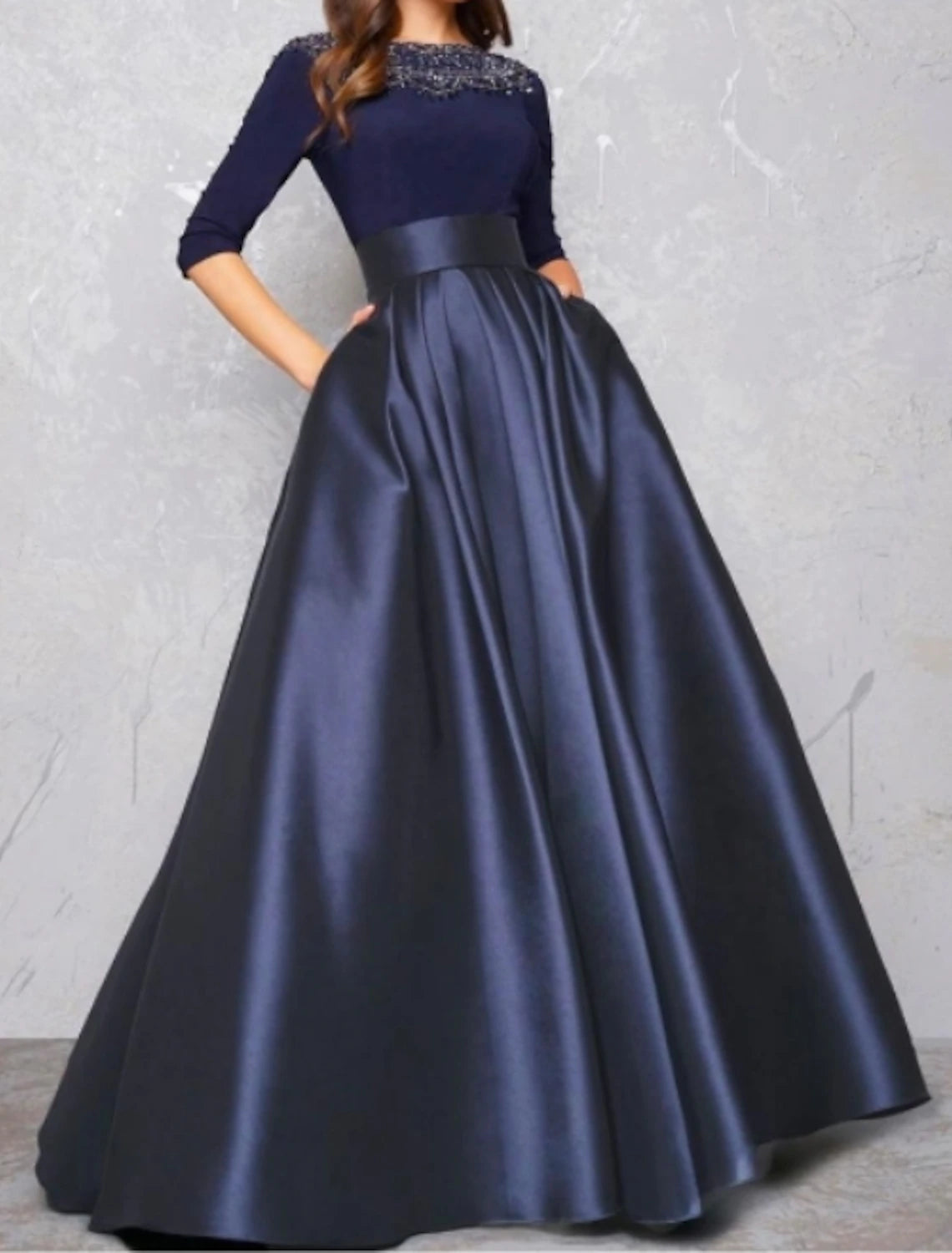 Wholesa Ball Gown Evening Gown Minimalist Dress Quinceanera Formal Evening Floor Length Half Sleeve Illusion Neck Fall Wedding Guest Satin with Pleats Lace Insert