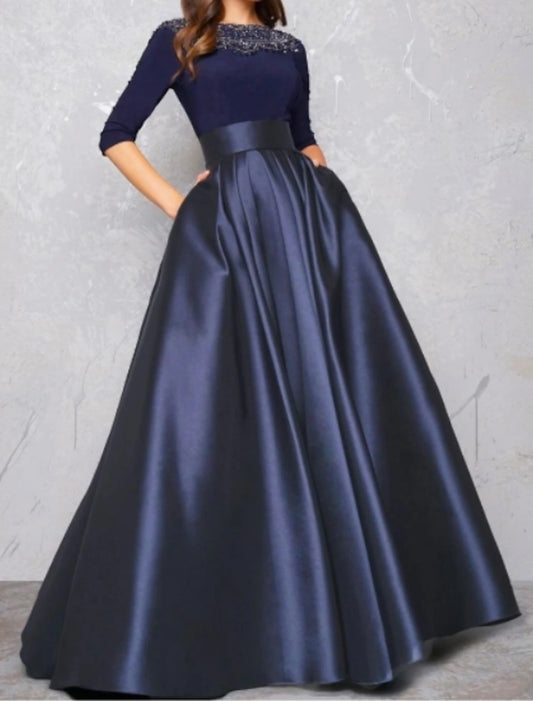 Wholesa Ball Gown Evening Gown Minimalist Dress Quinceanera Formal Evening Floor Length Half Sleeve Illusion Neck Fall Wedding Guest Satin with Pleats Lace Insert