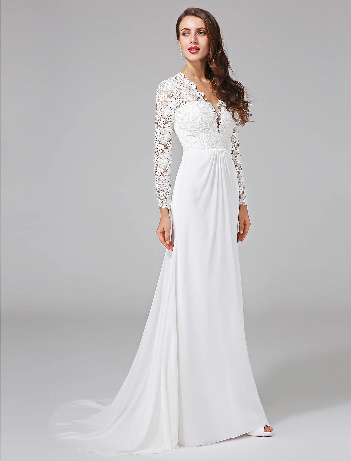 Wholesale Beach Royal Style Boho Wedding Dresses Sheath / Column Illusion Neck Long Sleeve Sweep / Brush Train Chiffon Bridal Gowns With Lace Button 2023 Summer Wedding Party