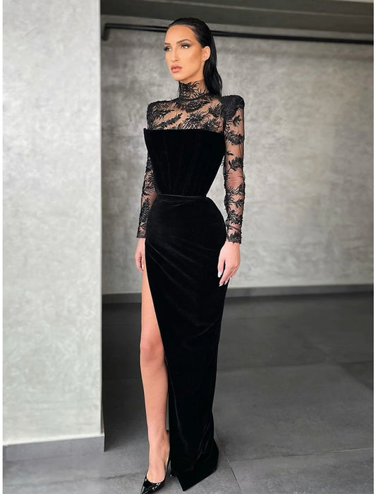 Wholesa Sheath / Column Evening Gown Elegant Dress Formal Floor Length Long Sleeve High Neck Lace with Slit