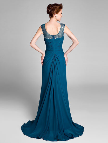 wholesale Sheath / Column Scoop Neck Sweep / Brush Train Chiffon Mother of the Bride Dress with Beading