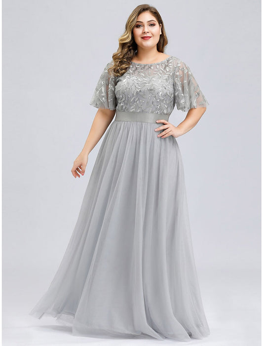 wholesale  A-Line Prom Dresses Plus Size Dress Wedding Guest Floor Length Short Sleeve Jewel Neck Chiffon with Appliques