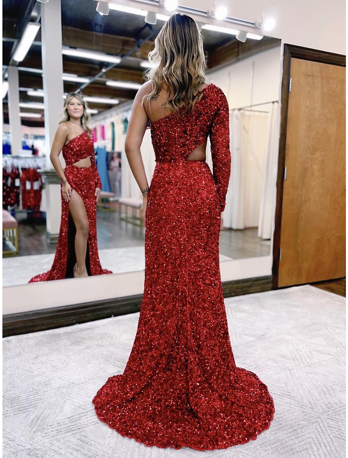 wholesale  Mermaid / Trumpet Prom Dresses Sparkle & Shine Dress Formal Court Train Long Sleeve One Shoulder Sequined Backless with Sequin Slit