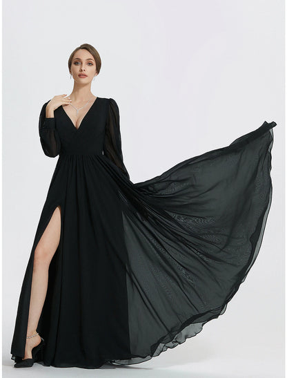 Wholesa  A-Line Evening Gown Elegant Dress Formal Floor Length Long Sleeve V Neck Chiffon with Slit