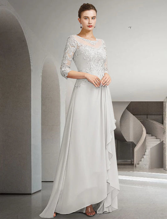 Wholesa A-Line Mother of the Bride Dress Elegant High Low Jewel Neck Sweep / Brush Train Asymmetrical Chiffon Lace 3/4 Length Sleeve with Pleats Appliques