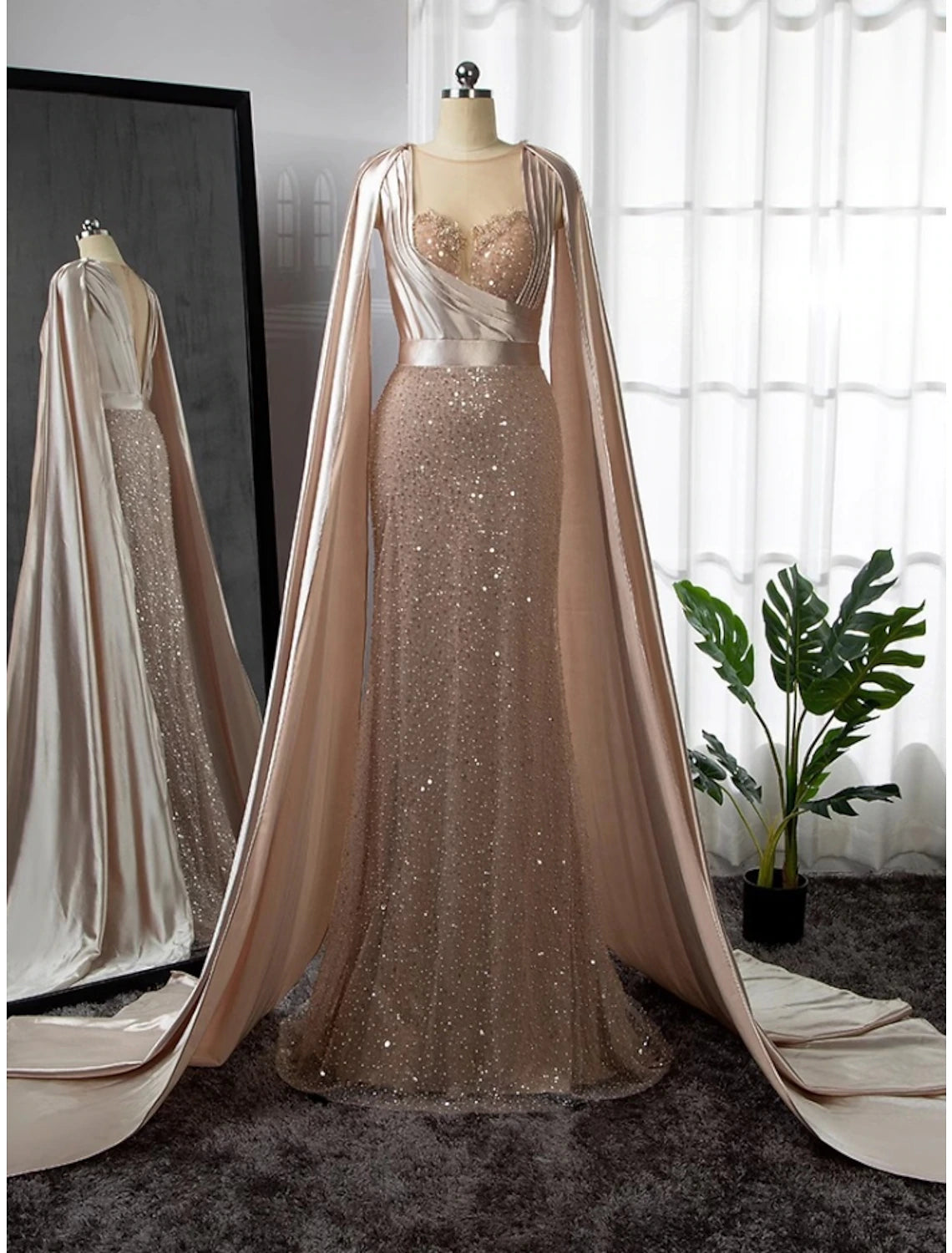 Wholesa A-Line Evening Gown Elegant Dress Formal Court Train Long Sleeve Illusion Neck Stretch Satin with Pleats Ruched Beading