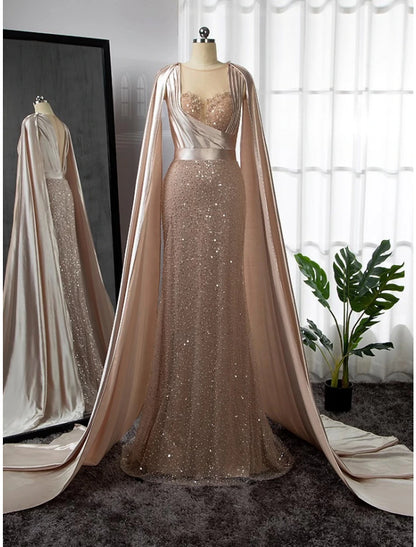 Wholesa A-Line Evening Gown Elegant Dress Formal Court Train Long Sleeve Illusion Neck Stretch Satin with Pleats Ruched Beading