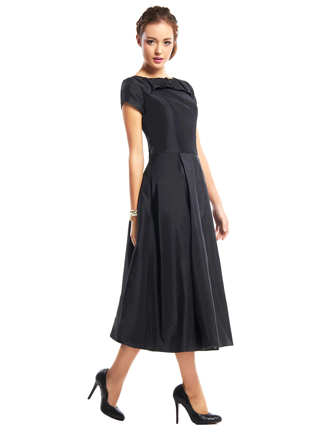 Wholesa A-Line Black Dress Vintage Homecoming Wedding Guest Tea Length Short Sleeve Boat Neck Taffeta with Buttons