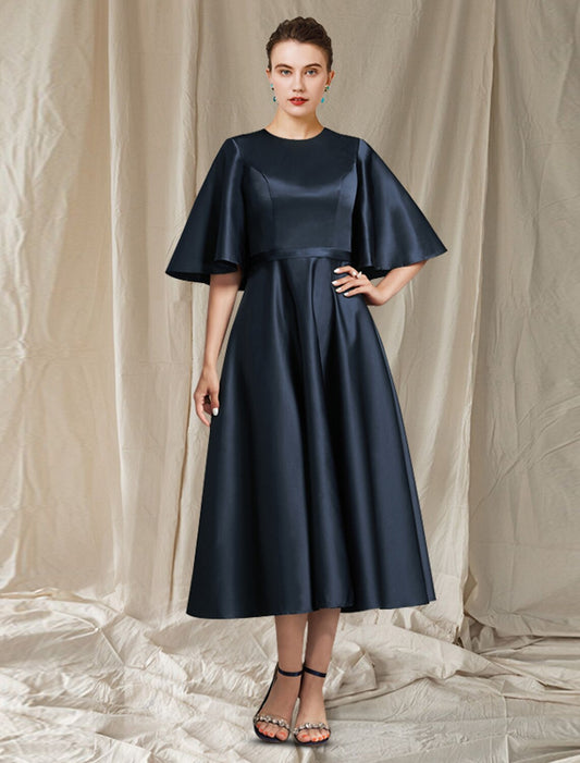 wholesale  A-Line Mother of the Bride Dress Wedding Guest Minimalist Elegant Jewel Neck Tea Length Satin Half Sleeve with Pleats Solid Color