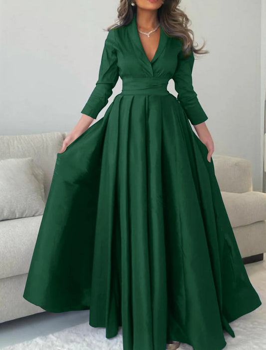 Wholesa Satin A-Line Evening Gown Green Elegant Dress Formal Champagne Red Green Dress Floor Length 3/4 Length Sleeve V Neck with Pleats