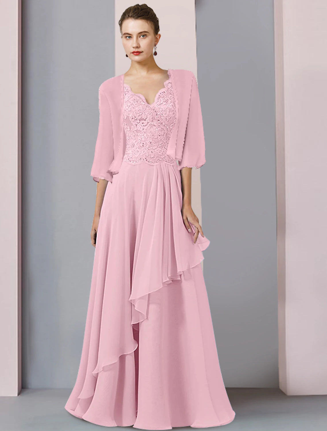 wholesale Two Piece A-Line Mother of the Bride Dress Formal Wedding Guest Party Elegant V Neck Floor Length Chiffon Lace Half Sleeve Wrap Included with Beading Sequin Appliques