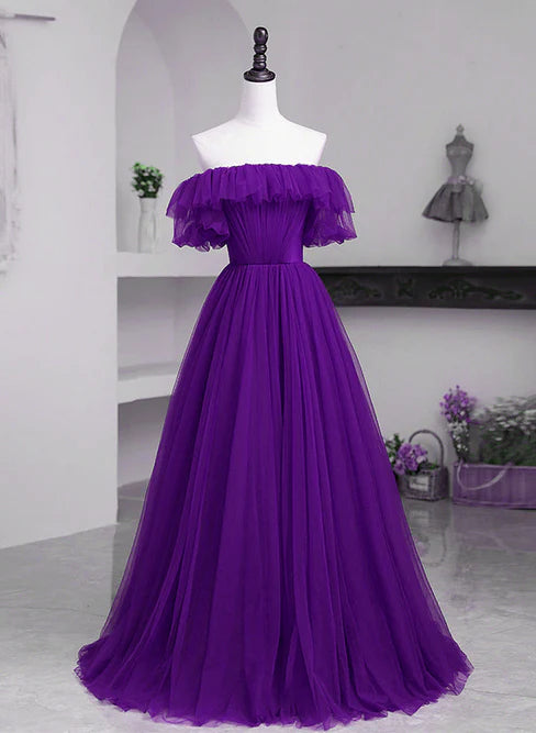 Dark Purple Tulle Off Shoulder Long Party Dress A-line Purple Prom Dress Solid Color Wholesale