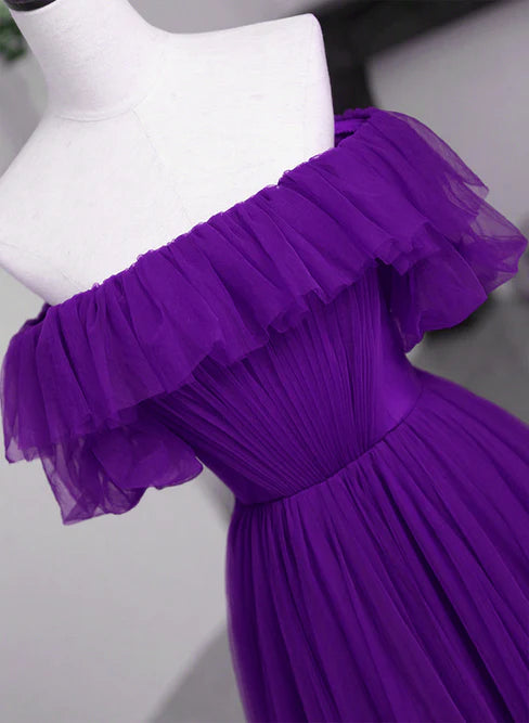 Dark Purple Tulle Off Shoulder Long Party Dress A-line Purple Prom Dress Solid Color Wholesale