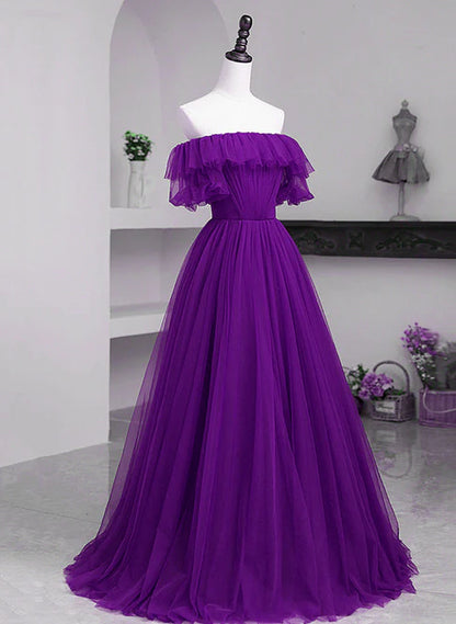 Dark Purple Tulle Off Shoulder Long Party Dress A-line Purple Prom Dress Solid Color Wholesale