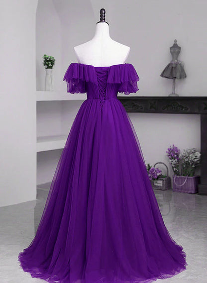 Dark Purple Tulle Off Shoulder Long Party Dress A-line Purple Prom Dress Solid Color Wholesale