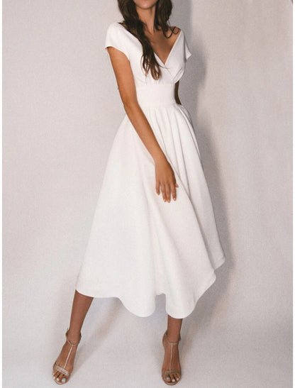 Wholesa Reception Little White Dresses Casual Wedding Dresses A-Line V Neck Cap Sleeve Tea Length Chiffon Bridal Gowns With Pleats