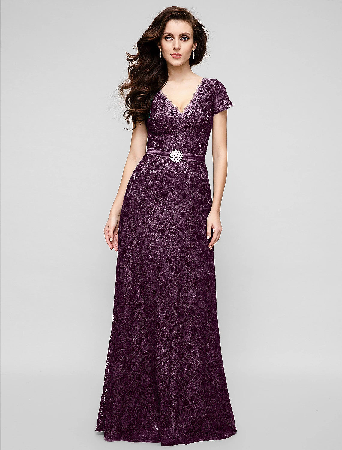 Wholesa A-Line Elegant Dress Holiday Cocktail Party Floor Length Short Sleeve V Neck All Over Lace with Crystal Brooch