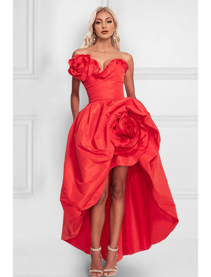 wholesale  A-Line Cocktail Dresses Celebrity Style Dress Party Wear Asymmetrical Sleeveless Strapless Satin with Shouder Flower