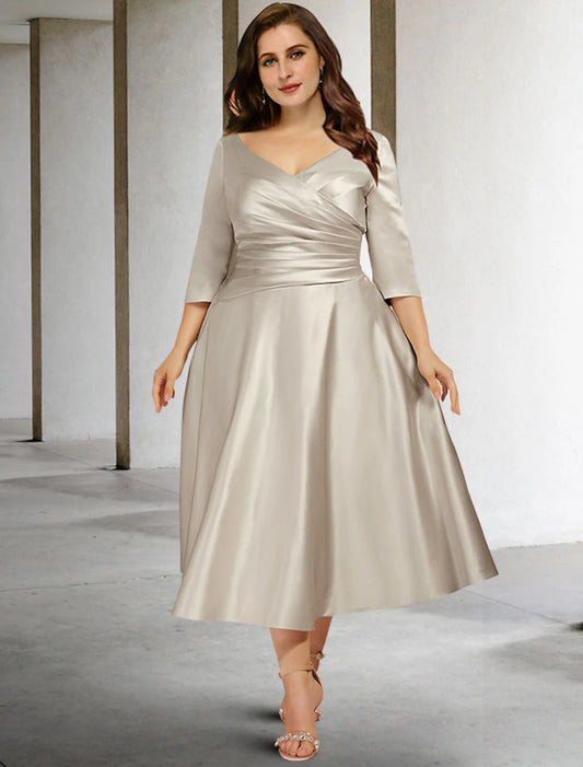 Wholesa A-Line Mother of the Bride Dresses Plus Size Hide Belly Curve Vintage Dress Formal Tea Length Sleeveless V Neck Satin with Ruched