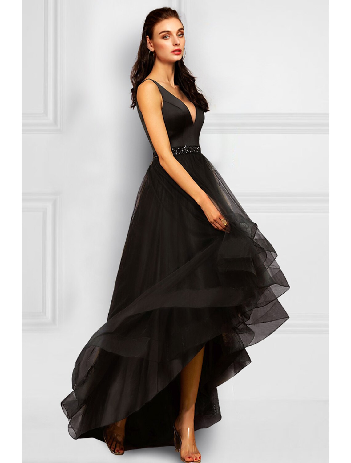 wholesale  A-Line Cocktail Dresses Elegant Dress Party Wear Asymmetrical Sleeveless V Neck Organza with Rhinestone Ruffles