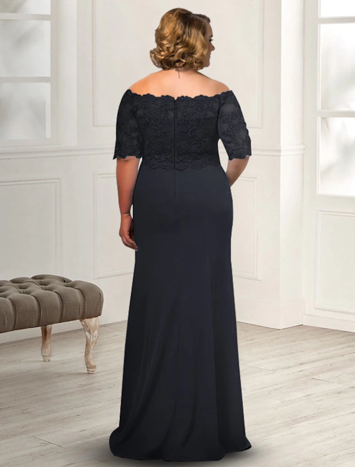 Wholesa  Sheath / Column Mother of the Bride Dress Plus Size Elegant Off Shoulder Floor Length Chiffon Lace Half Sleeve with Appliques