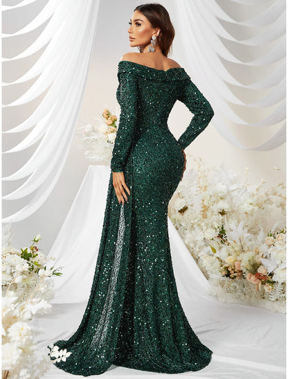 Wholesa Mermaid / Trumpet Evening Gown Sparkle & Shine Dress Formal Wedding Guest Sweep / Brush Train Long Sleeve Off Shoulder Polyester with Sequin