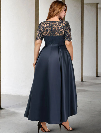 Wholesa A-Line Mother of the Bride Dresses Plus Size Hide Belly Curve Elegant Dress Formal Asymmetrical Short Sleeve Jewel Neck Satin with Pleats