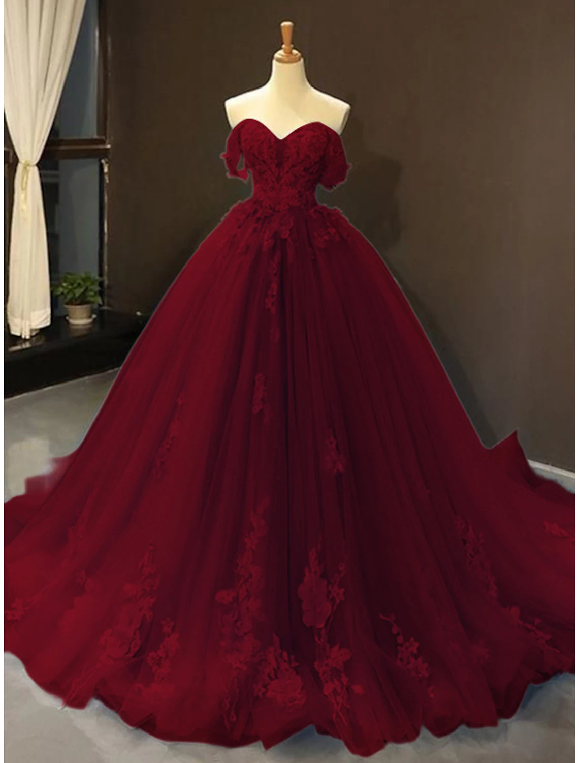 Wholesa Ball Gown Prom Dresses Floral Dress Wedding Quinceanera Court Train Short Sleeve Sweetheart Lace with Pleats Appliques