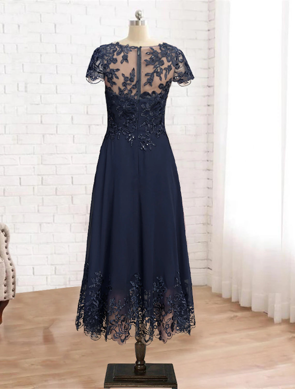 wholesale A-Line Mother of the Bride Dress Formal Wedding Guest Vintage Elegant Scoop Neck Tea Length Lace 3/4 Length Sleeve with Sequin Appliques Fall