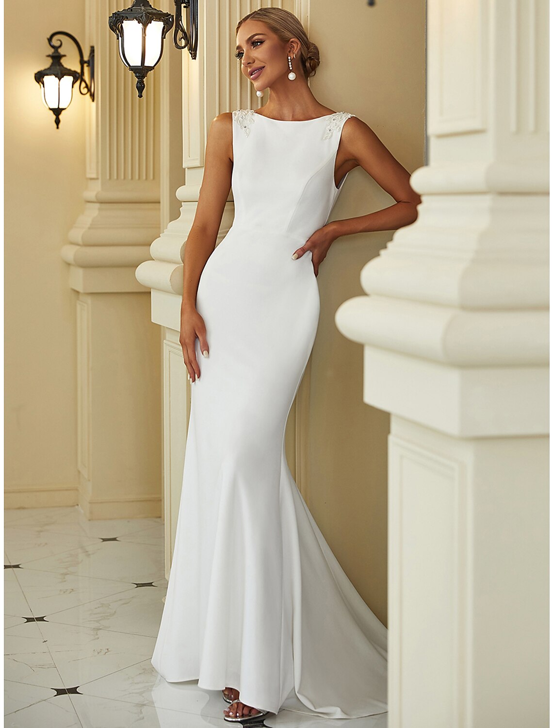 Wholesale Reception Casual Wedding Dresses Mermaid / Trumpet Scoop Neck Sleeveless Sweep / Brush Train Stretch Fabric Bridal Gowns With Beading Solid Color 2023 Summer Wedding Party