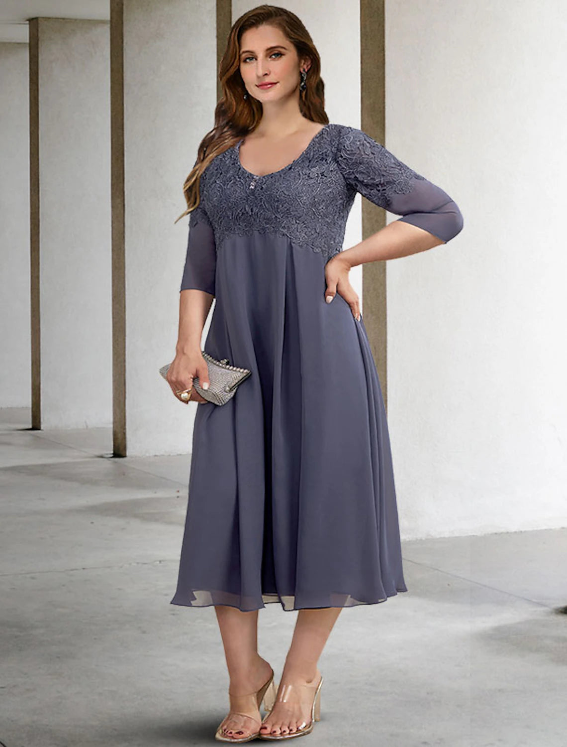 wholesale  A-Line Plus Size Curve Mother of the Bride Dresses Elegant Dress Formal Tea Length Half Sleeve V Neck Chiffon with Buttons Appliques Fall