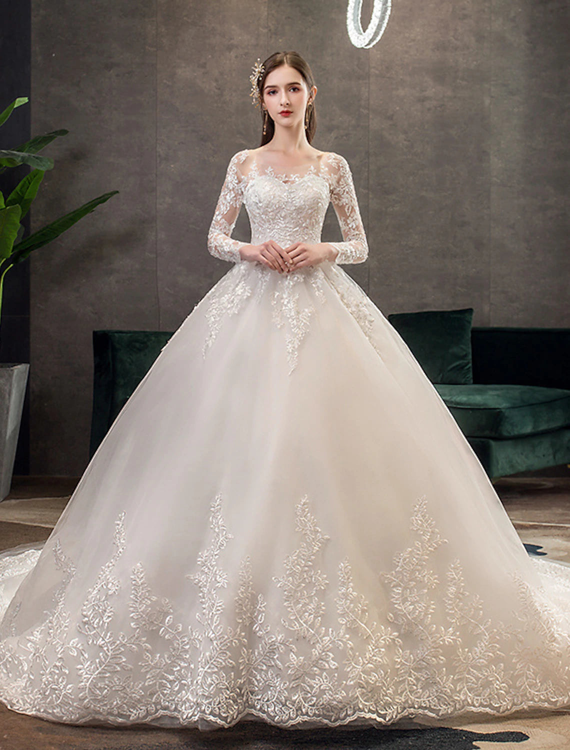 Wholesale Engagement Formal Fall Wedding Dresses Ball Gown Illusion Neck Long Sleeve Cathedral Train Lace Bridal Gowns With Pleats Appliques 2023 Summer Wedding Party