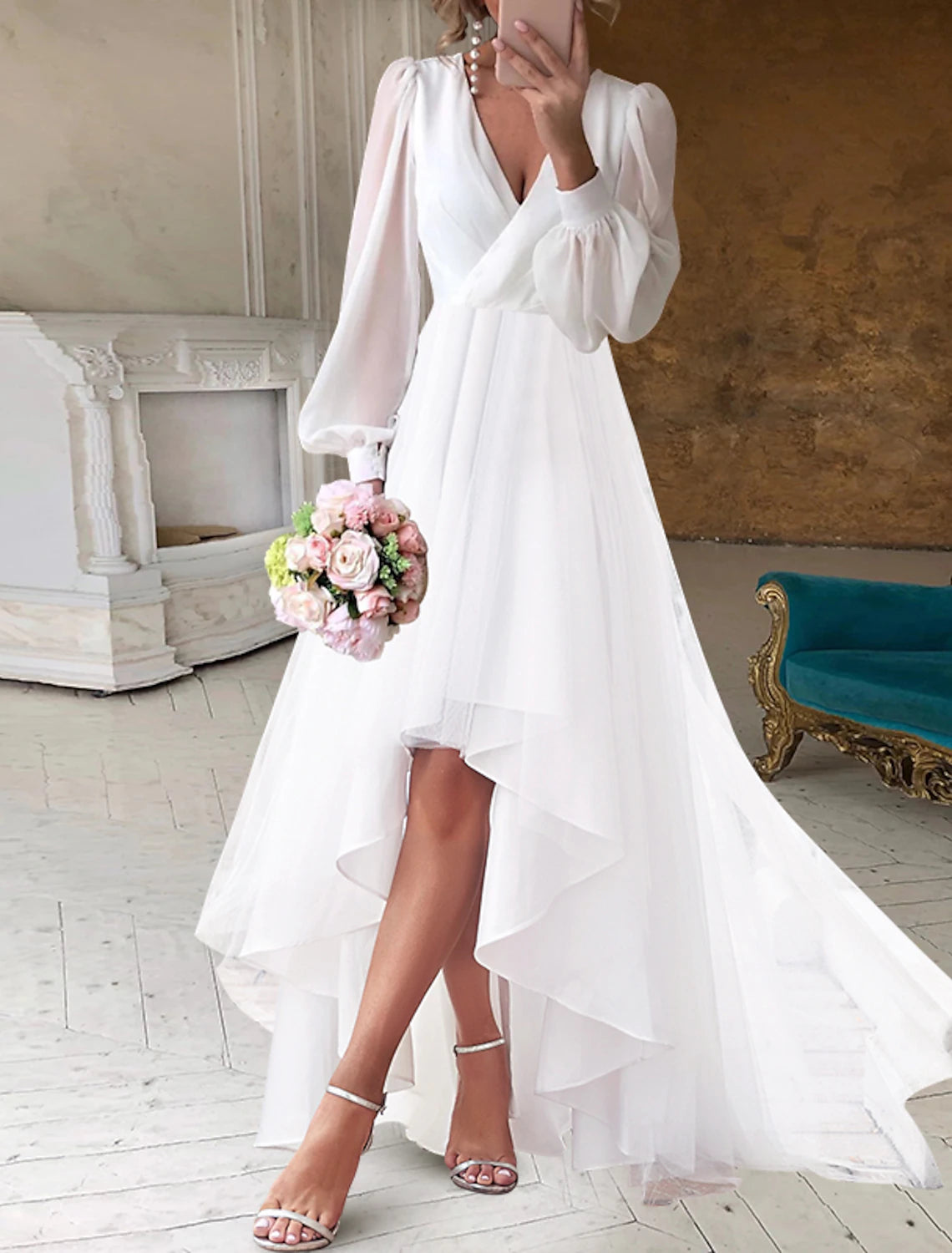 Wholesa Bridal Shower Wedding Dresses Little White Dresses Simple A-Line V Neck Long Sleeve Asymmetrical Chiffon Bridal Gowns With Solid Color Summer Wedding Party