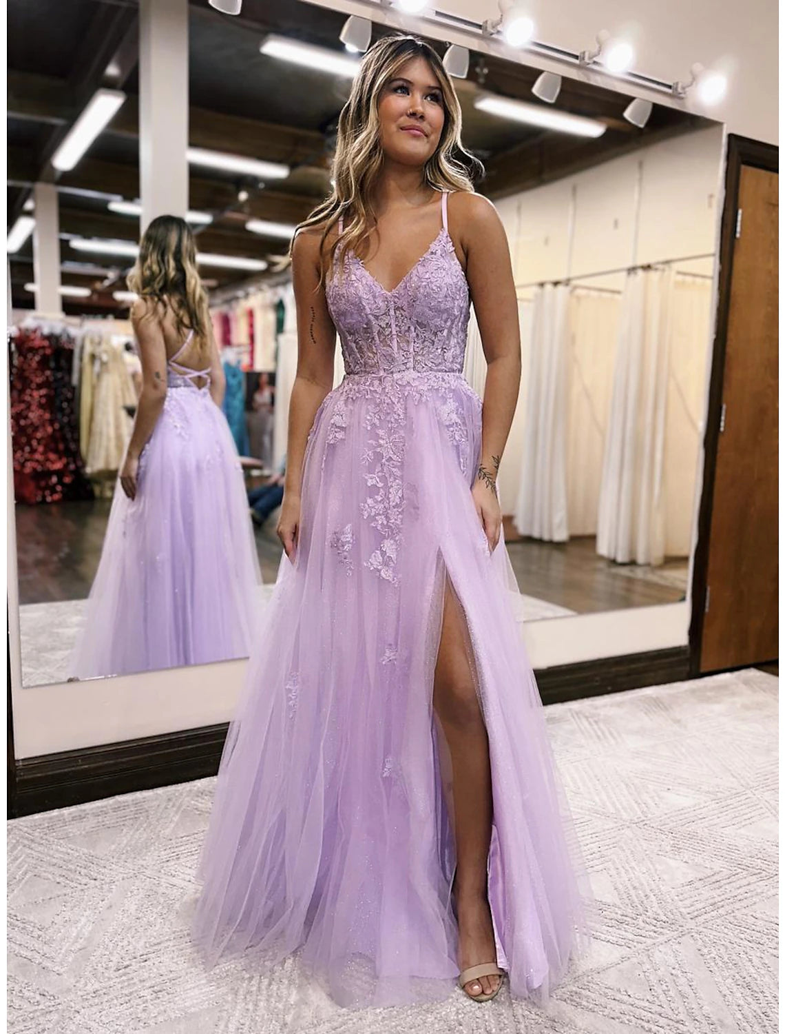 Wholesa A-Line Evening Gown Open Back Dress Formal Prom Floor Length Sleeveless V Neck Tulle Backless with Beading Slit Appliques