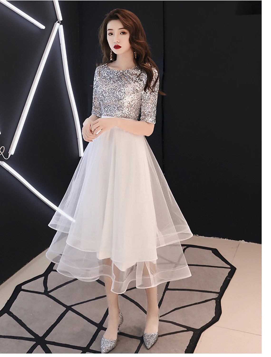 wholesale   A-Line Sparkle White Cocktail Party Prom Dress Jewel Neck Half Sleeve Tea Length Satin with Sequin Tier