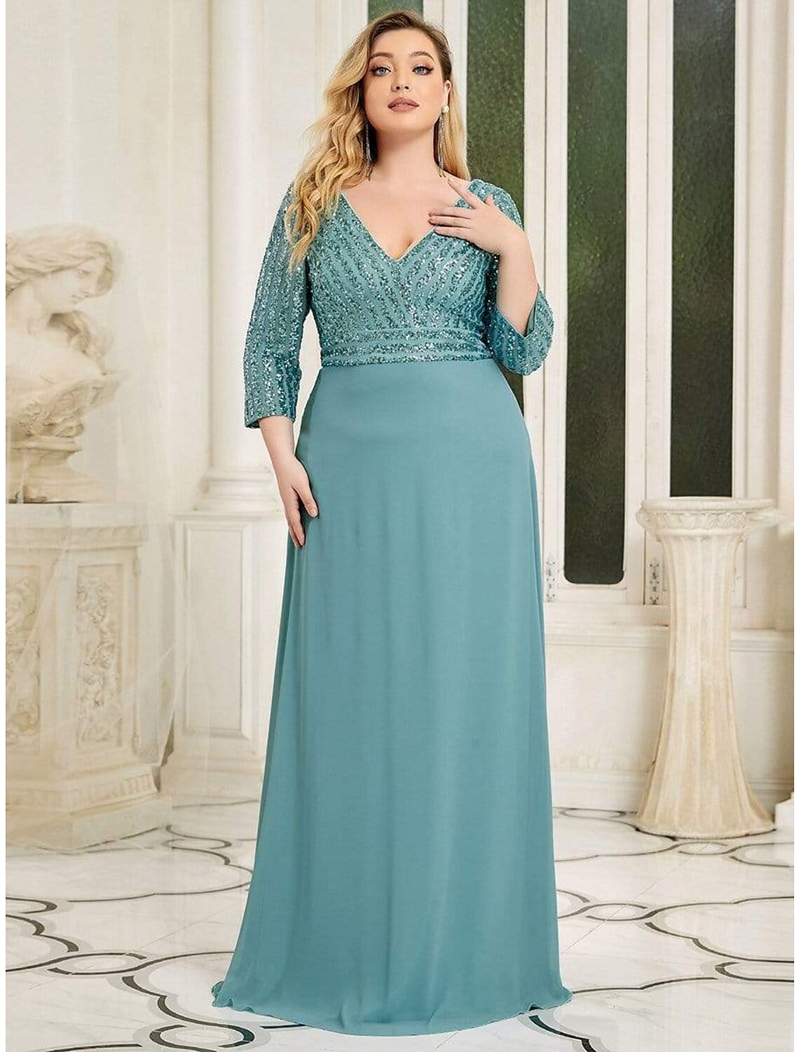 wholesale A-Line Evening Gown Plus Size Dress Wedding Guest Floor Length 3/4 Length Sleeve V Neck Chiffon V Back with Sequin