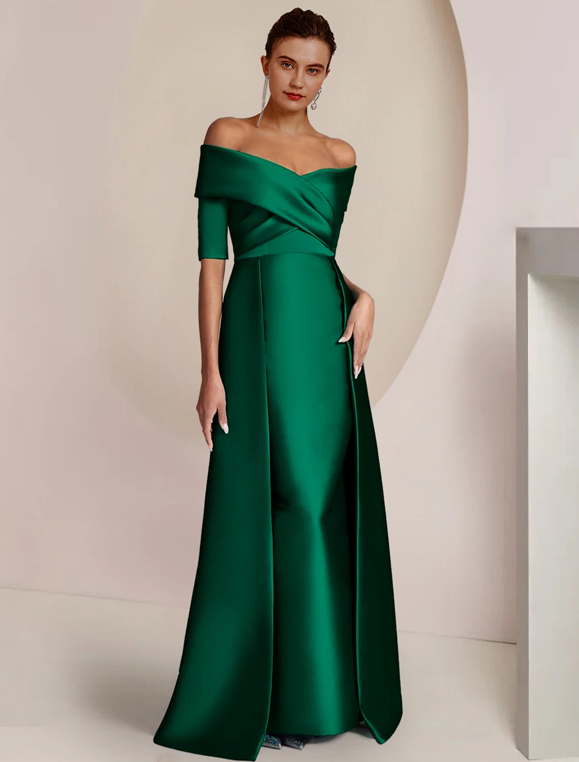 wholesale  Sheath / Column Mother of the Bride Dress Formal Wedding Guest Party Elegant Off Shoulder Floor Length Satin Half Sleeve with Ruching