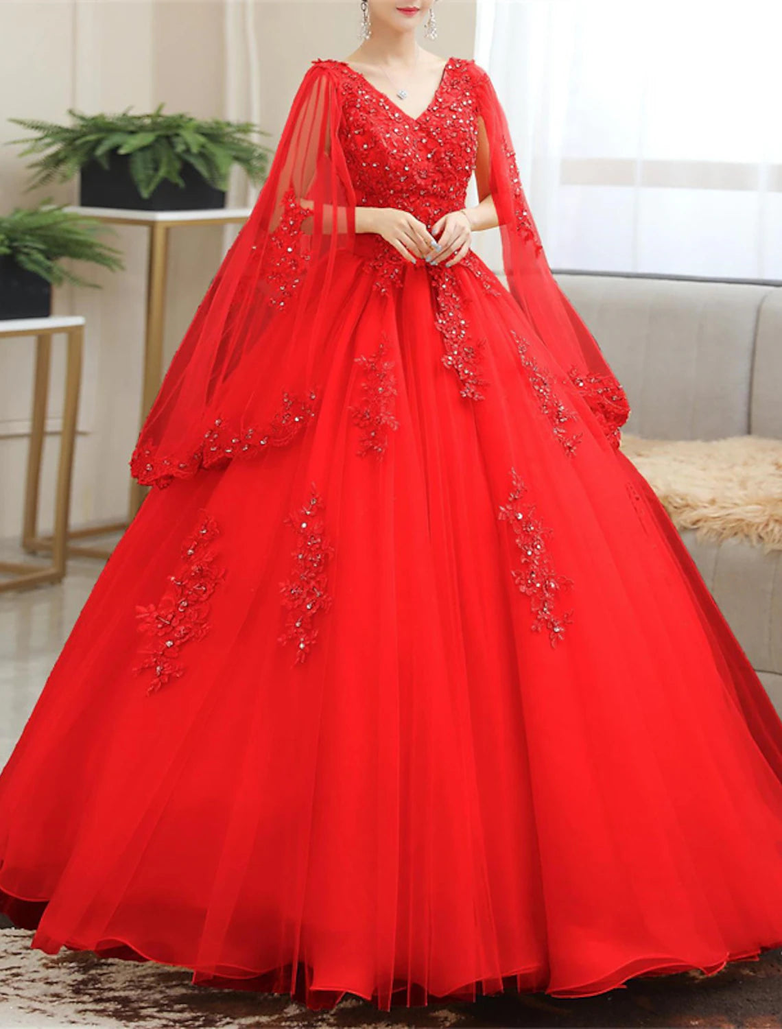 Wholesa Ball Gown Quinceanera Dresses Princess Dress Red Green Dress Sweet 16 Floor Length Short Sleeve V Neck Tulle with Appliques