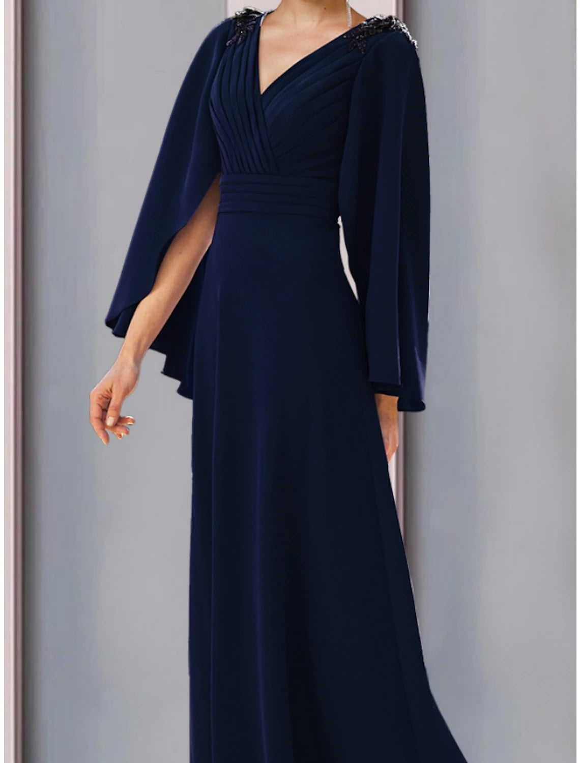 Wholesa  A-Line Mother of the Bride Dress Wedding Guest Elegant V Neck Sweep / Brush Train Stretch Chiffon Long Sleeve with Sequin Ruching Solid Color