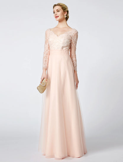 Wholesa  Ball Gown Pastel Colors Dress Holiday Cocktail Party Floor Length Long Sleeve V Neck Tulle Low Back with Beading Appliques