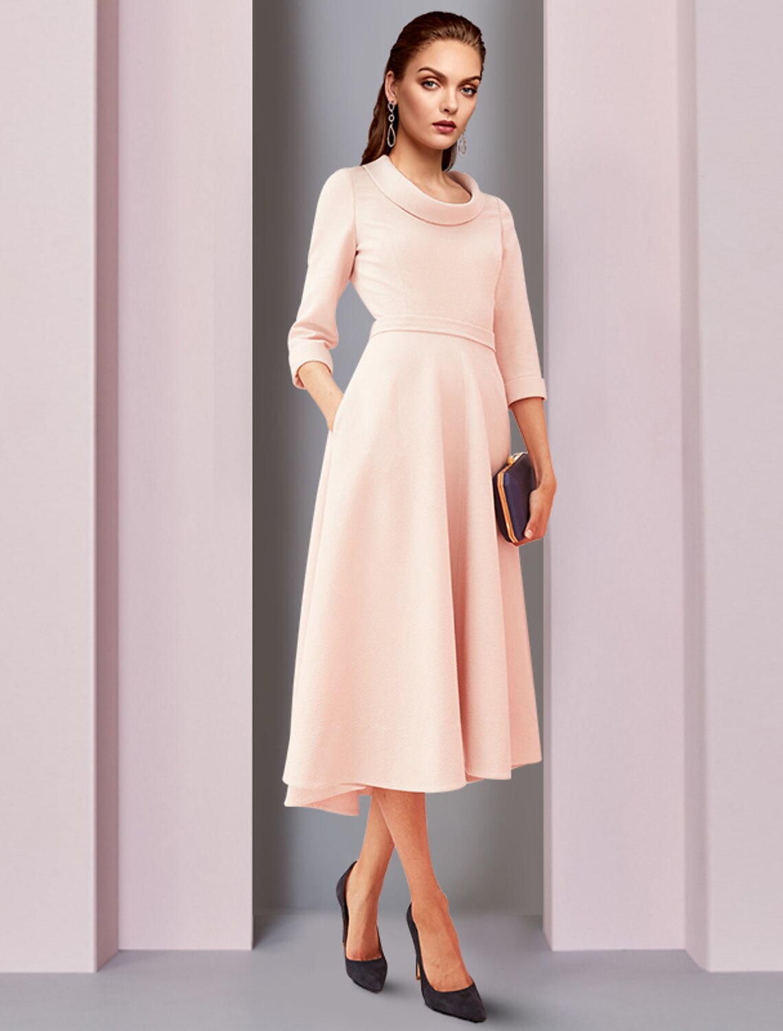 wholesale A-Line Mother of the Bride Dress Elegant High Low Jewel Neck Asymmetrical Tea Length Satin 3/4 Length Sleeve with Sash / Ribbon Solid Color