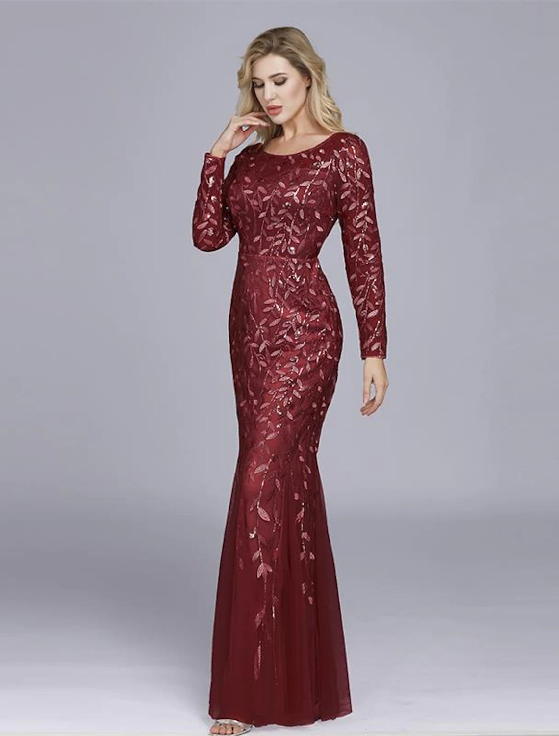 Wholesa Mermaid / Trumpet Empire Elegant Party Wear Formal Evening Valentine's Day Dress Jewel Neck Long Sleeve Floor Length Tulle with Embroidery / Illusion Sleeve