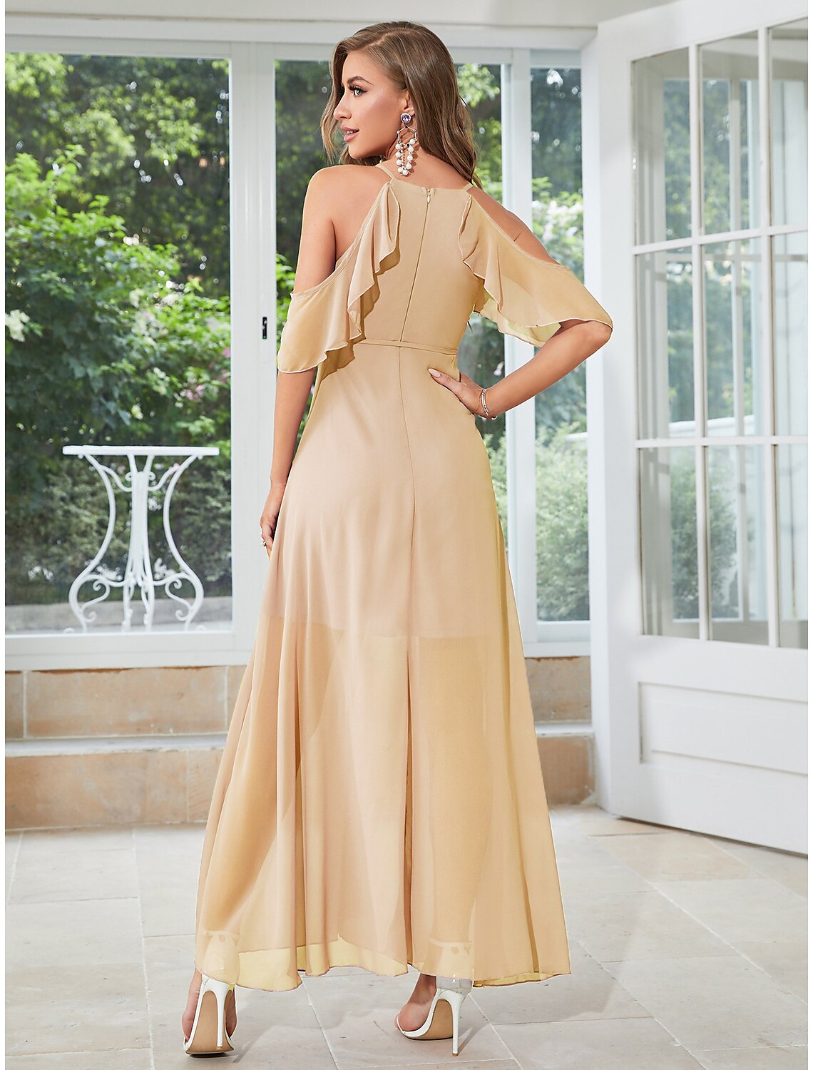 wholesale  A-Line Wedding Guest Dresses Elegant Dress Party Wear Ankle Length Sleeveless V Neck Chiffon with Ruffles Slit Strappy