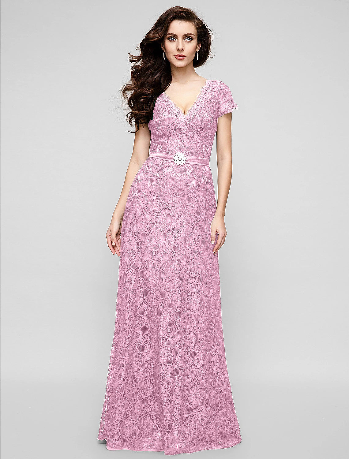 Wholesa A-Line Elegant Dress Holiday Cocktail Party Floor Length Short Sleeve V Neck All Over Lace with Crystal Brooch