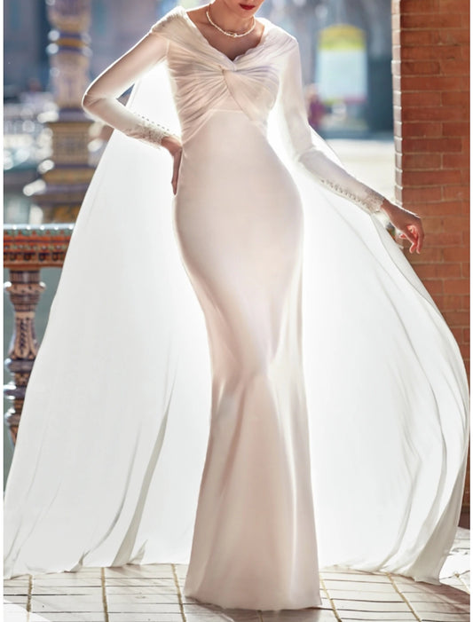 Wholesa Formal Wedding Dresses Sheath / Column V Neck Long Sleeve Court Train Satin Bridal Gowns With Solid Color