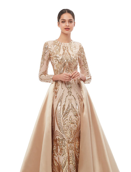 Wholesa Mermaid / Trumpet Elegant Vintage Prom Formal Evening Dress Jewel Neck Long Sleeve Detachable Sequined with Sequin