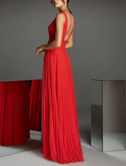 Wholesa A-Line Empire Red Green Dress Formal Evening Dress V Neck Sleeveless Floor Length Chiffon with Pleats