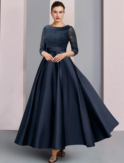 Wholesa  A-Line Mother of the Bride Dress Formal Wedding Guest Elegant Vintage Bateau Neck Ankle Length Satin Lace 3/4 Length Sleeve with Pleats Ruched