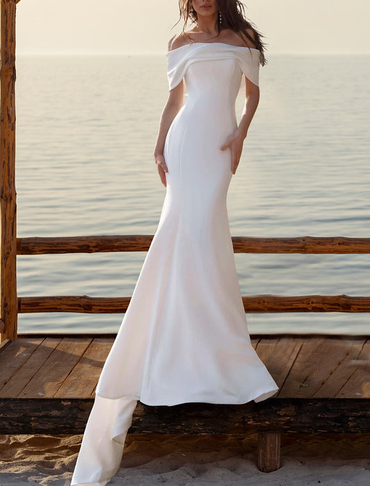 Wholesa Beach Simple Wedding Dresses Mermaid / Trumpet Off Shoulder Cap Sleeve Court Train Satin Bridal Gowns With Ruched